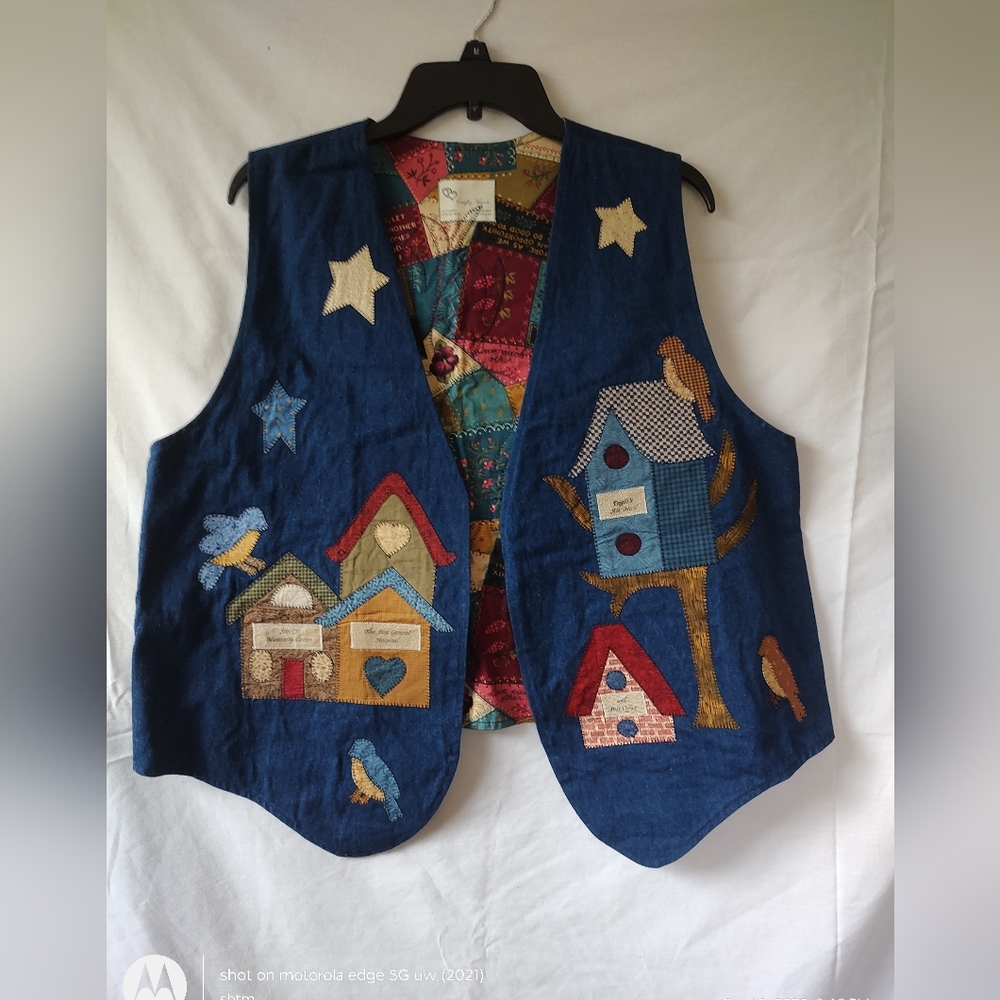 Crafty Hearts Patchwork Vest Birdhouse Church Village Design Denim Handmade